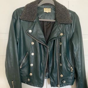 Dark Green Faux Leather Moto Jacket with Faux Wool Trim